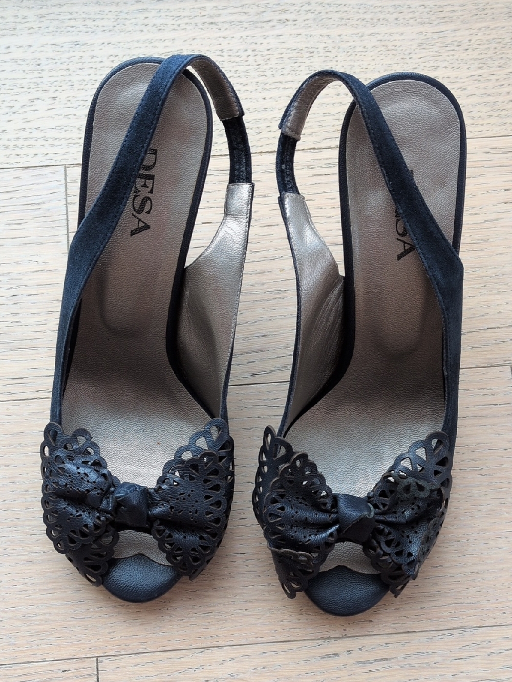 Navy Suede Slingback Peep-Toe Bow Heels